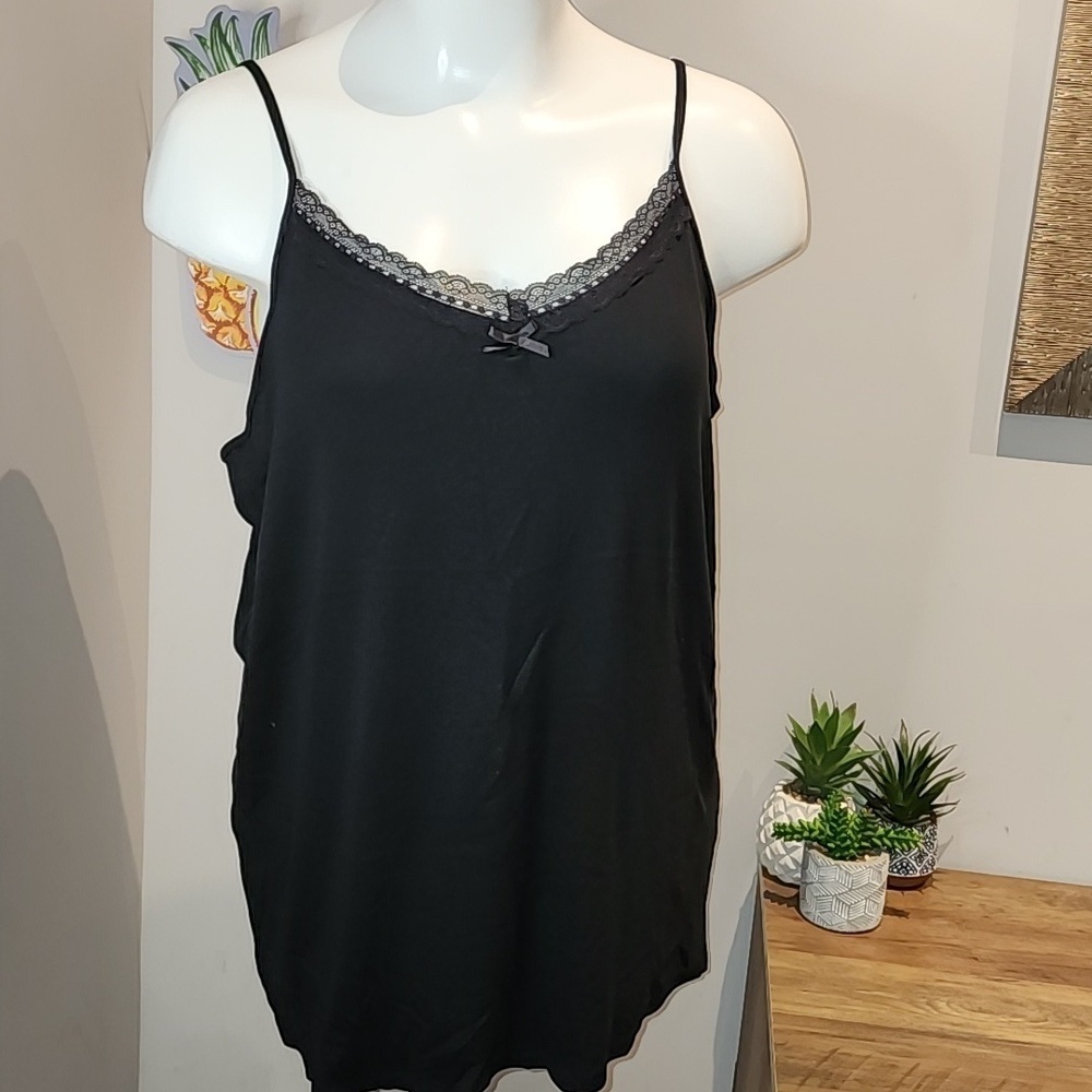 Torrid - Cotton Modal Rib Lace V-Neck Cami in Deep Black​​​​​​ - Picture 2 of 13